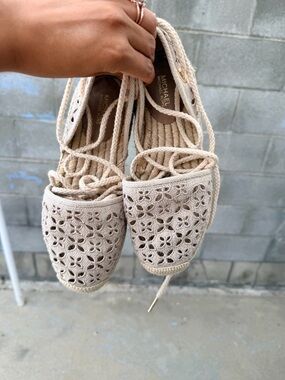 Michael Kors Crochet Lace-Up Espadrille Flats in Beige